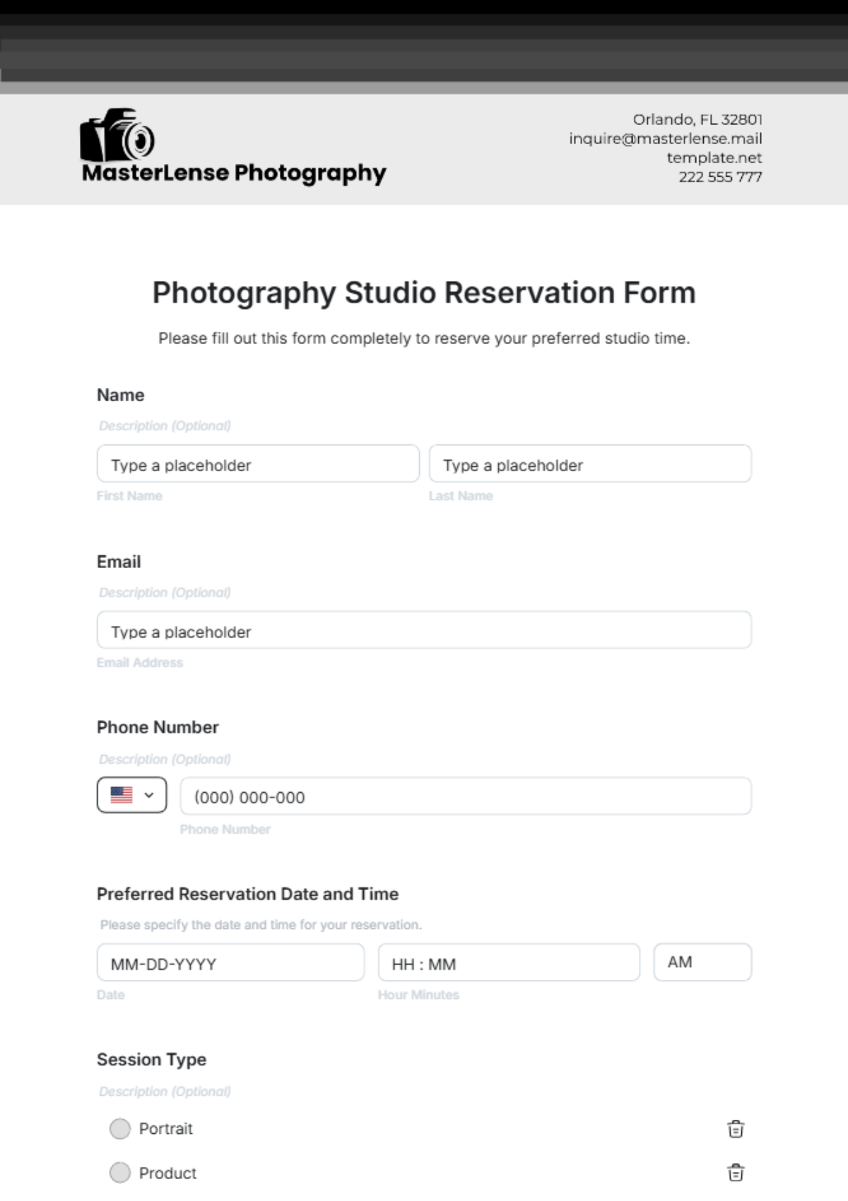 Photography Studio Reservation Form Template - Edit Online & Download