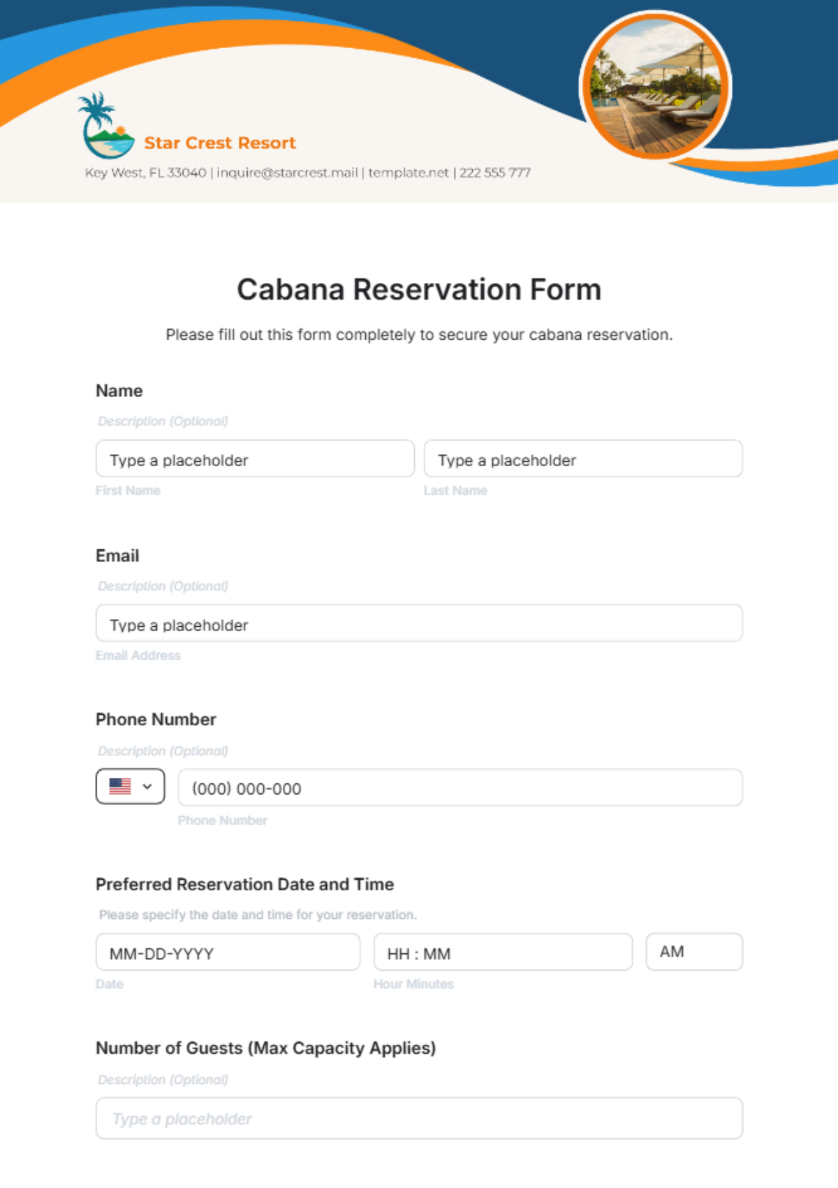 Cabana Reservation Form Template - Edit Online & Download