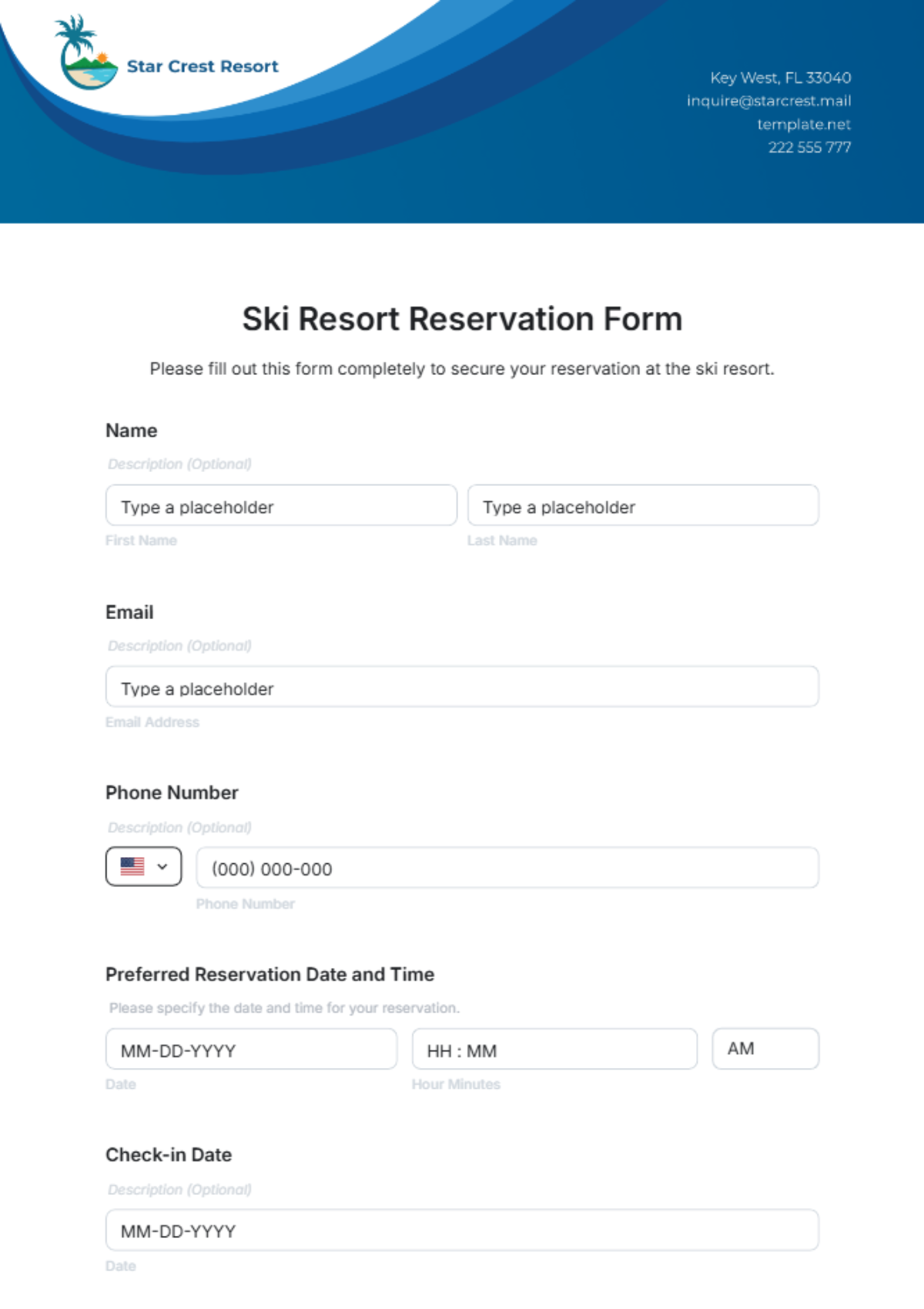 Ski Resort Reservation Form Template - Edit Online & Download