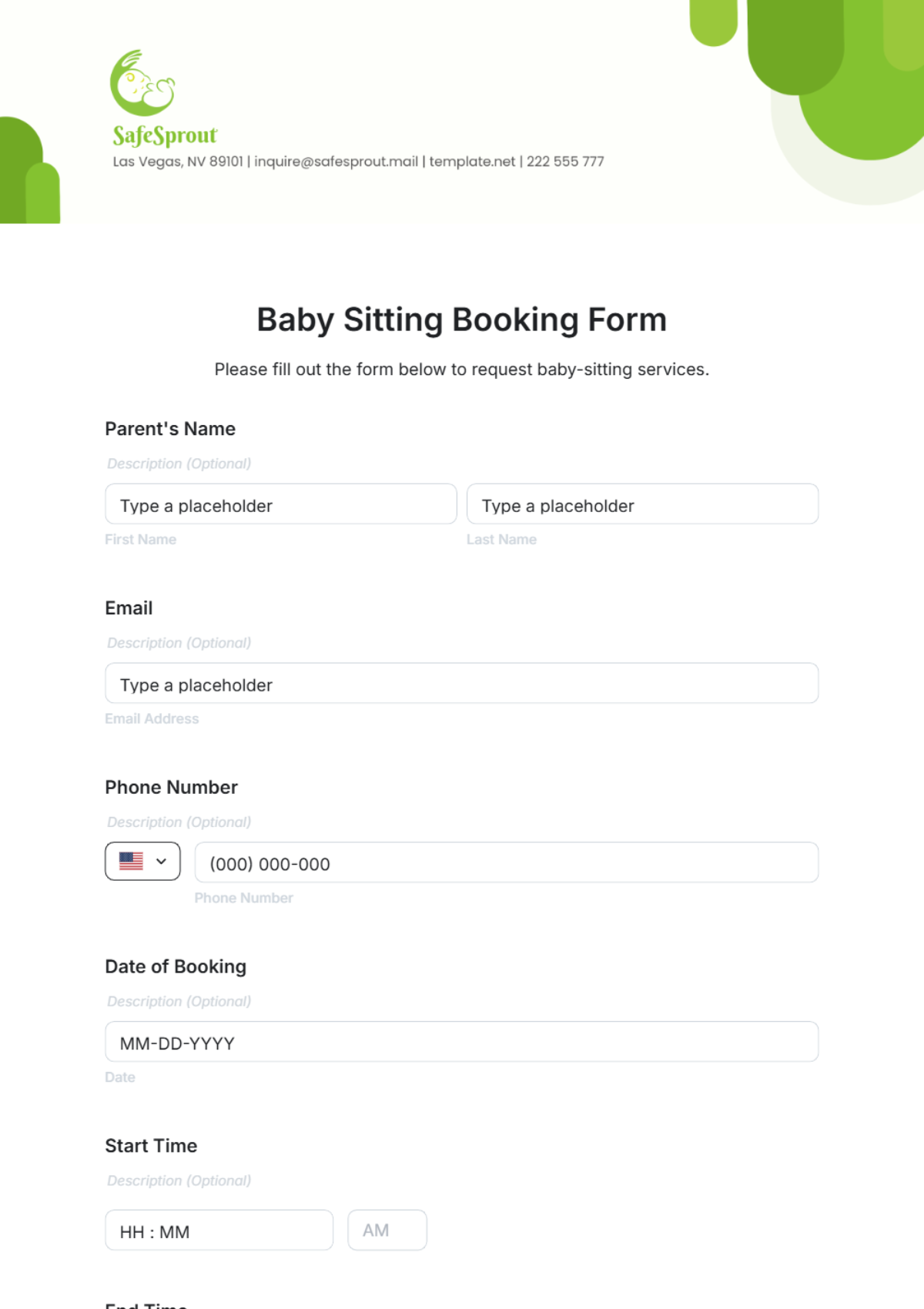 Baby Sitting Booking Form Template - Edit Online & Download