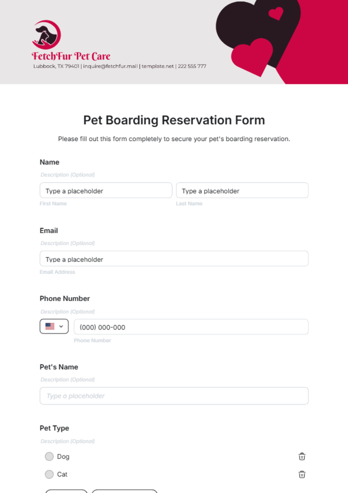 Pet Boarding Reservation Form Template - Edit Online & Download