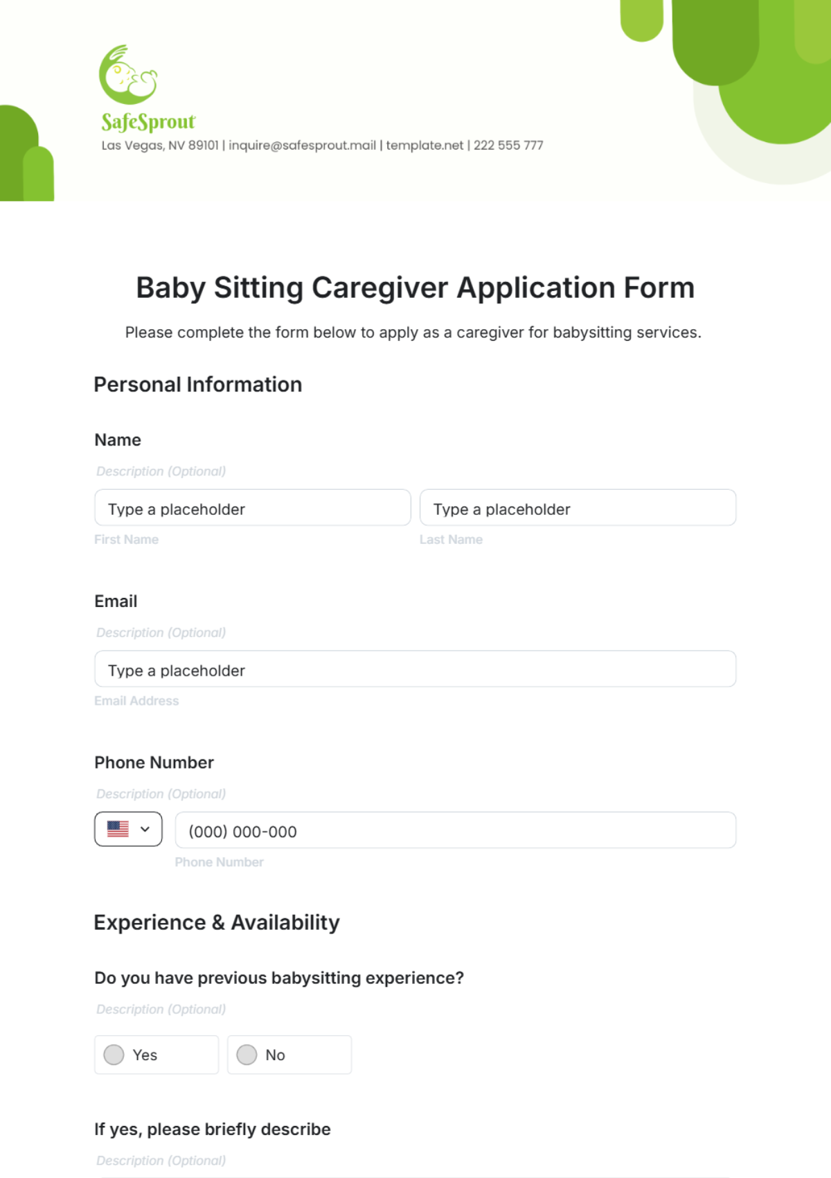 Baby Sitting Caregiver Application Form Template - Edit Online & Download