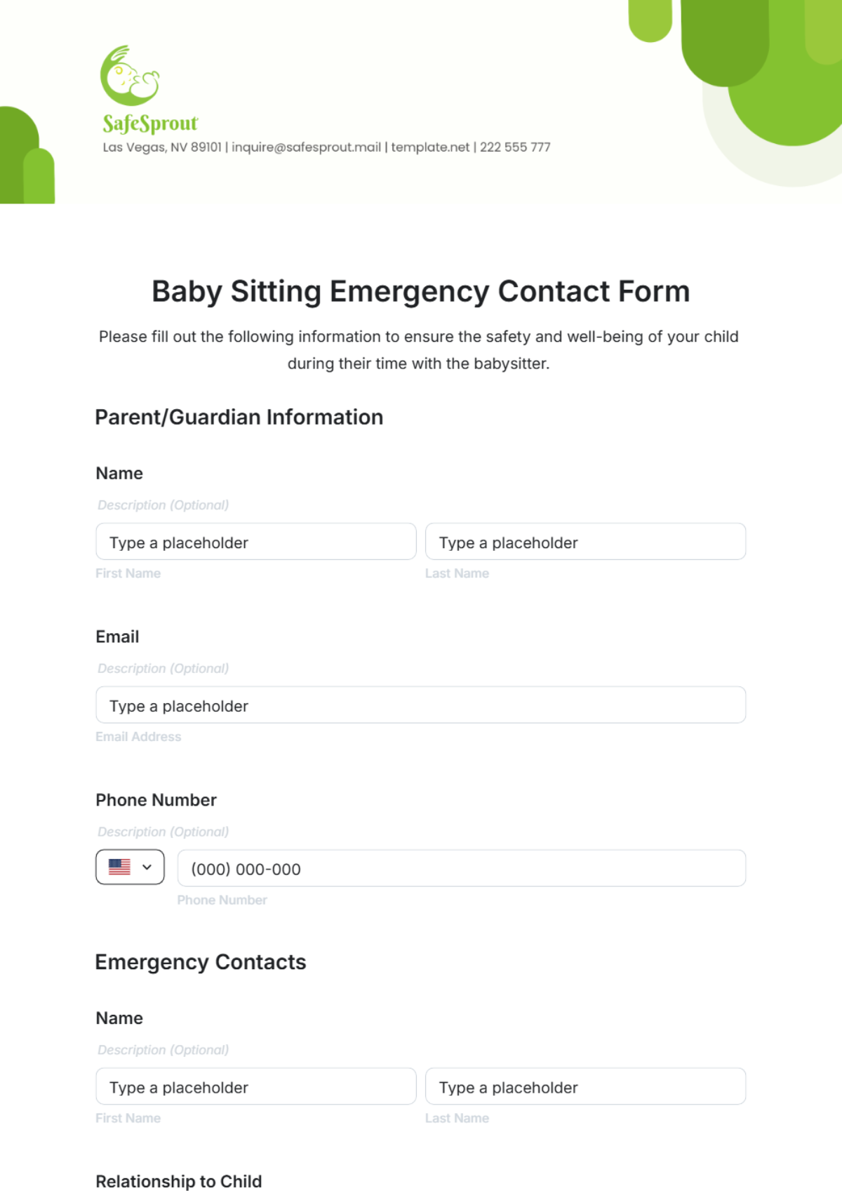 Baby Sitting Emergency Contact Form Template - Edit Online & Download