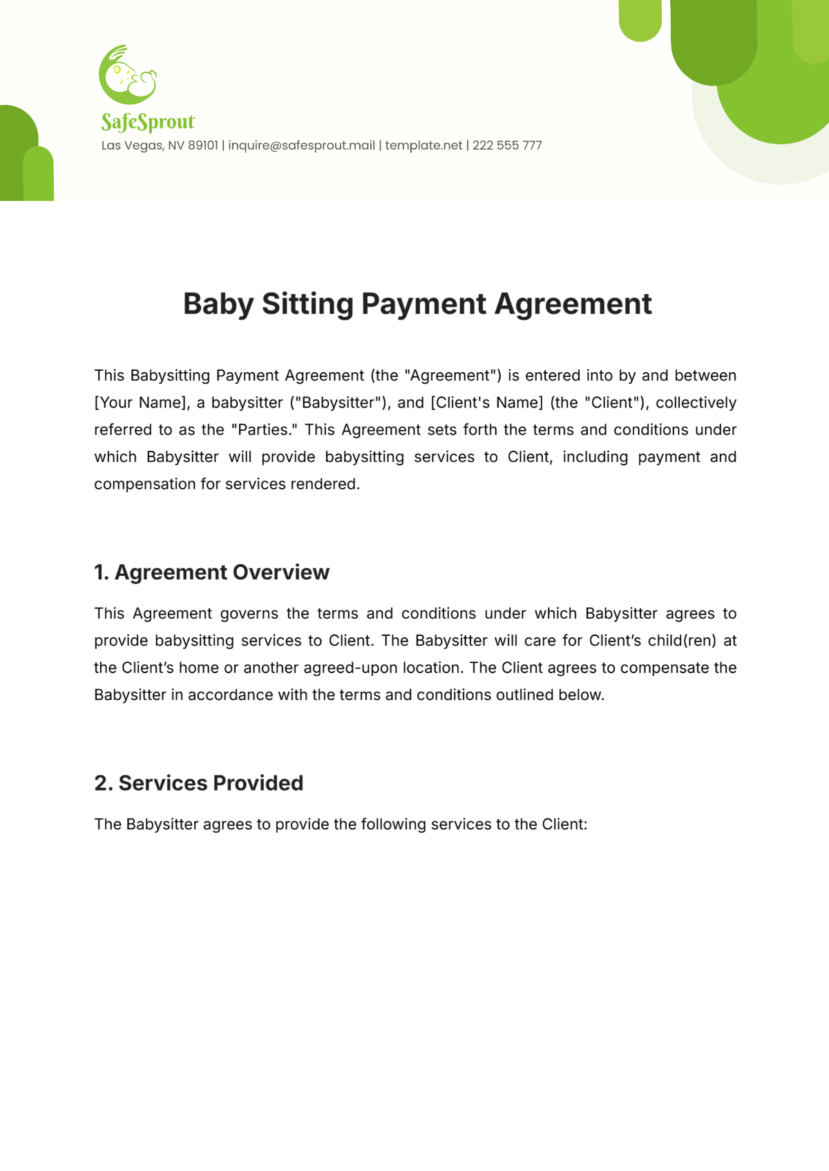 Baby Sitting Payment Agreement Template - Edit Online & Download