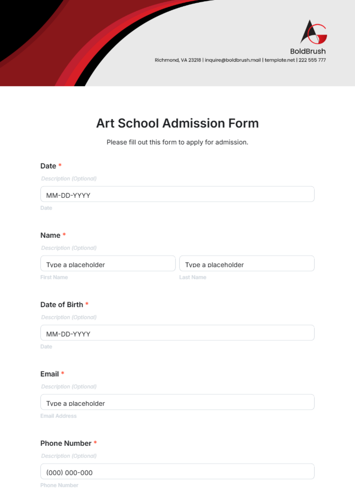 Art School Admission Form Template - Edit Online & Download