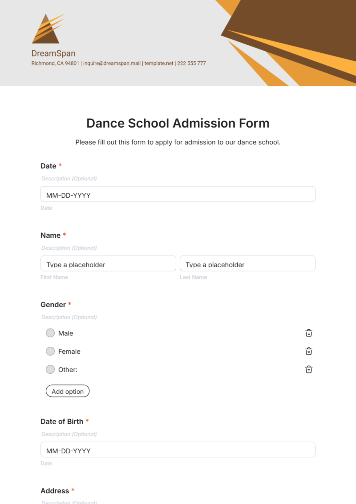 Dance School Admission Form Template