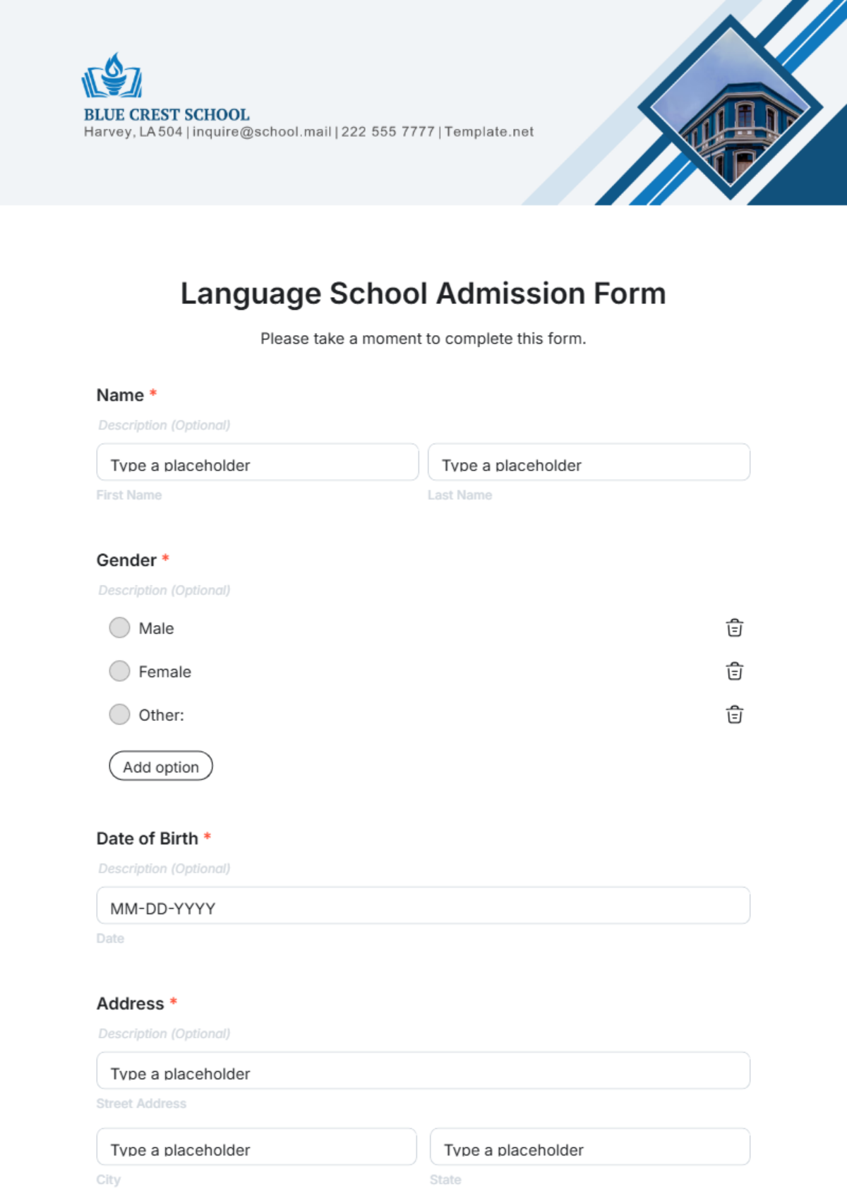 Free Language School Admission Form Template