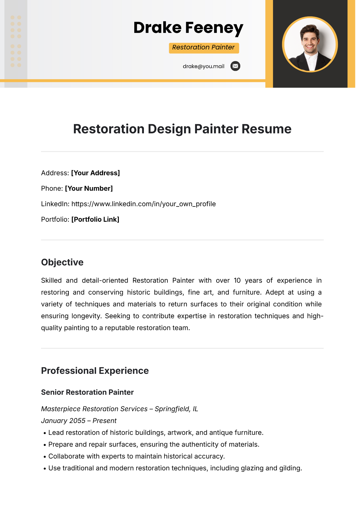 Restoration Design Painter Resume Template - Edit Online & Download