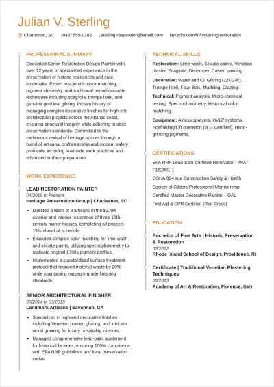 Free Restoration Design Painter ATS Resume Template, AI Resume Builder