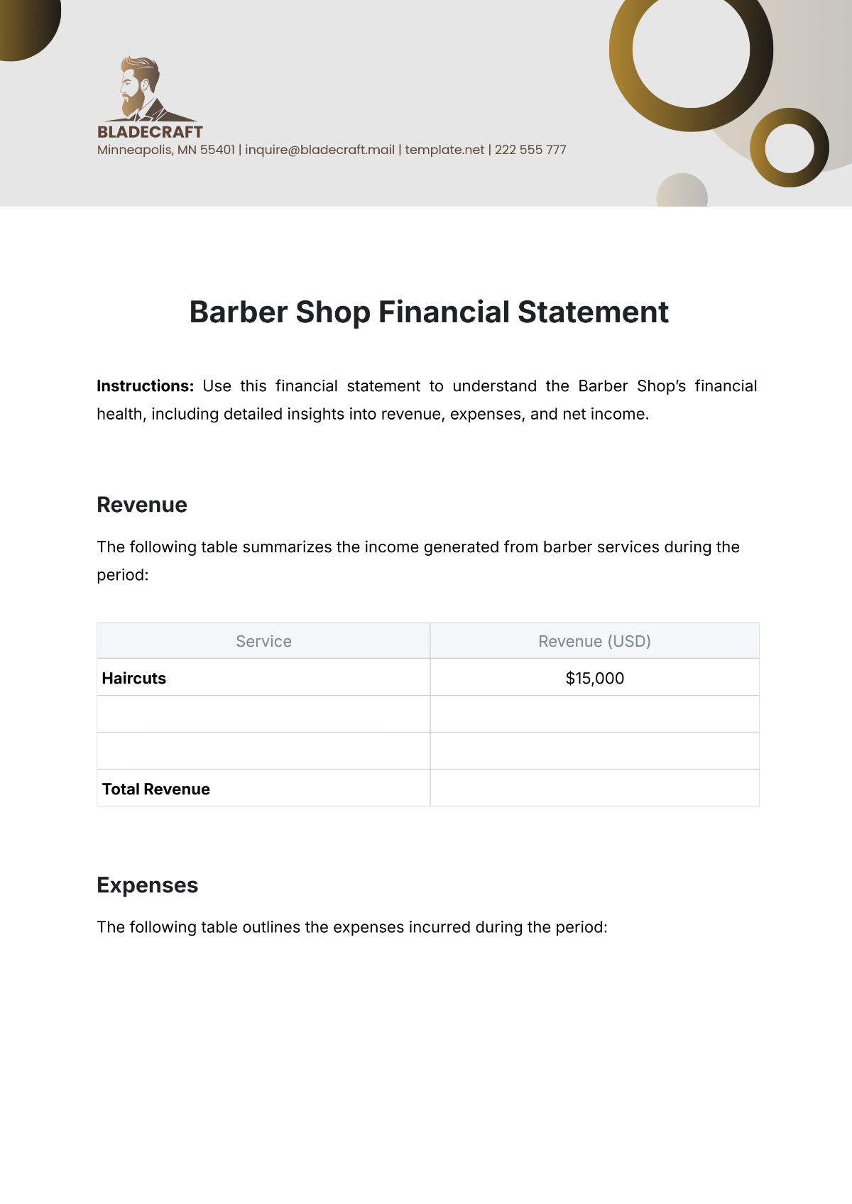 Barber Shop Financial Statement Template - Edit Online & Download