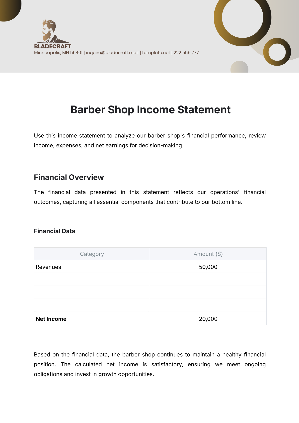 Barber Shop Income Statement Template - Edit Online & Download