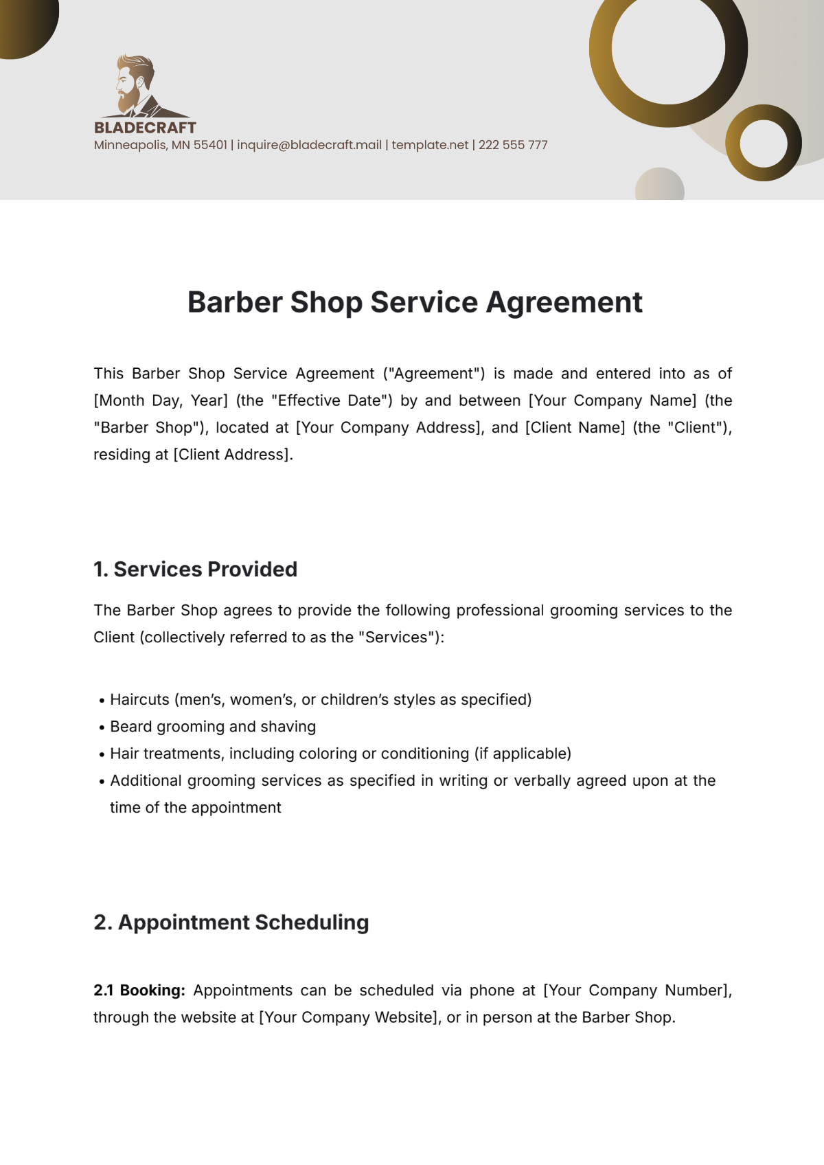 Barber Shop Service Agreement Template - Edit Online & Download