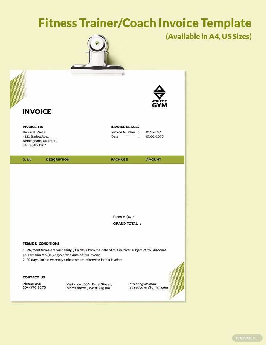 Fitness Trainer/Coach Invoice Template