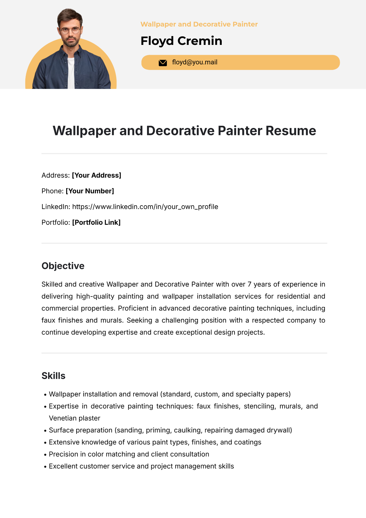 Wallpaper and Decorative Painter Resume Template - Edit Online & Download