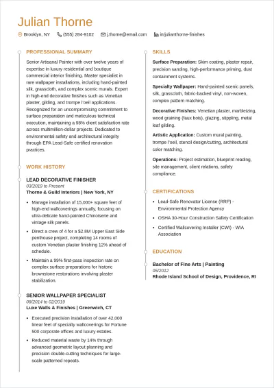 Free Wallpaper and Decorative Painter ATS Resume Template