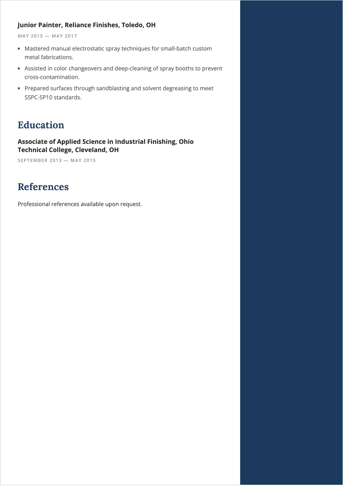 Free Powder Coating Painter ATS Resume Template, AI Resume Builder