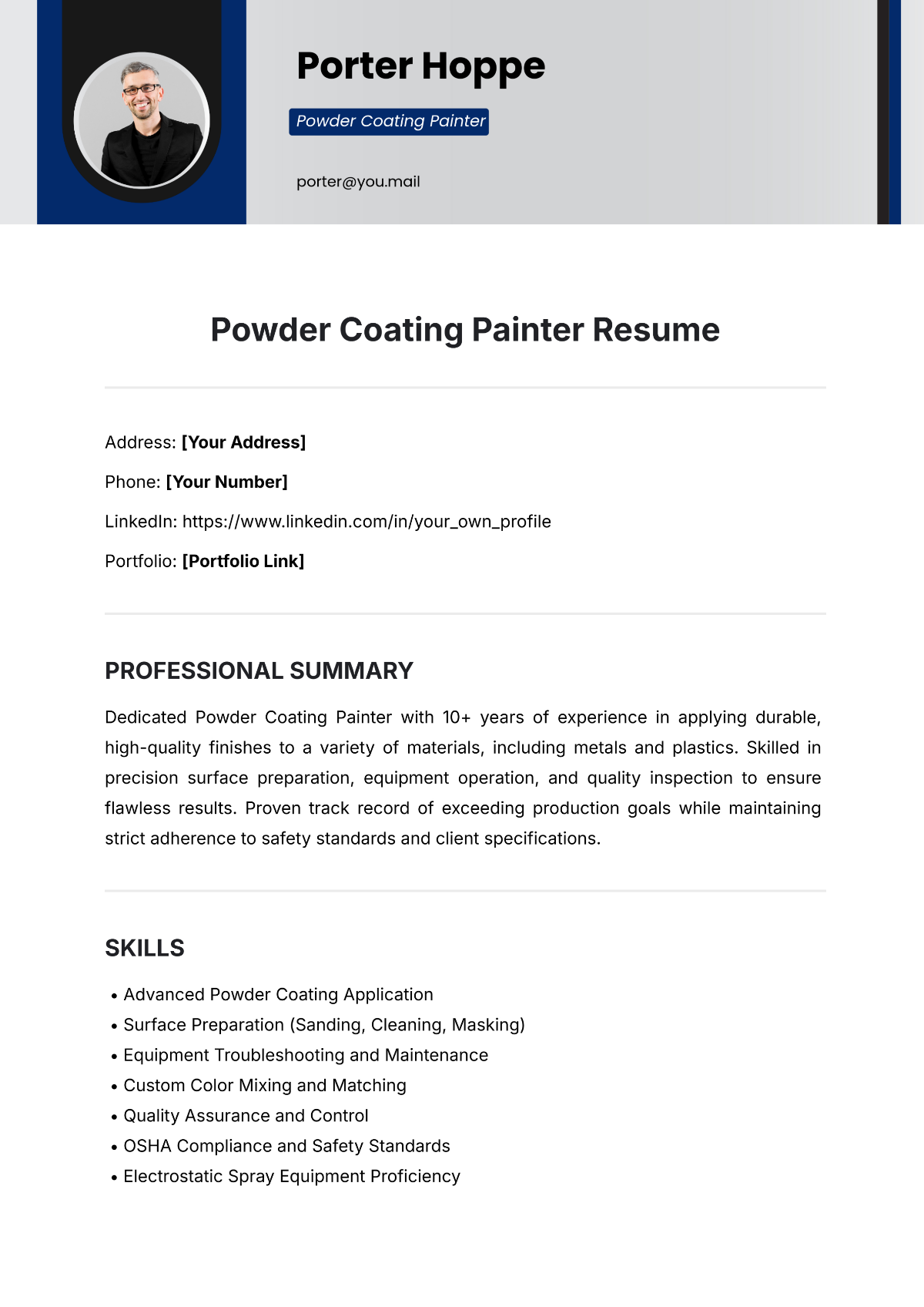 Powder Coating Painter Resume Template - Edit Online & Download