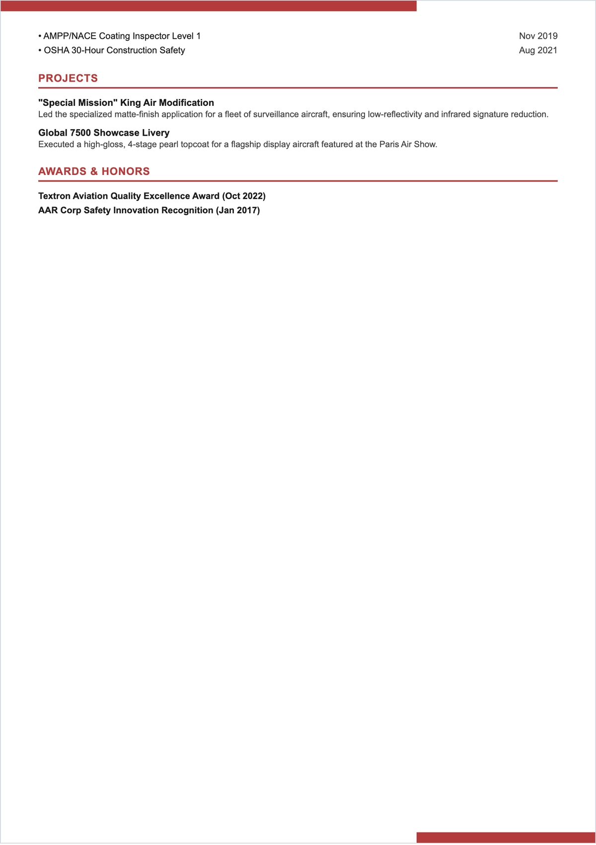 Free Aircraft Painter ATS Resume Template, AI Resume Builder