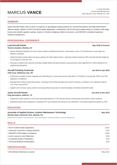 Free Aircraft Painter ATS Resume Template, AI Resume Builder