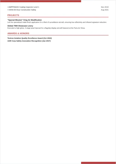 Free Aircraft Painter ATS Resume Template, AI Resume Builder