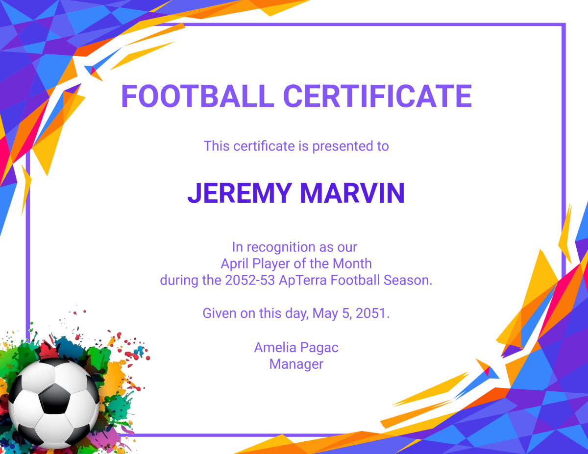 Colorful Football Award Certificate Template - Edit Online & Download