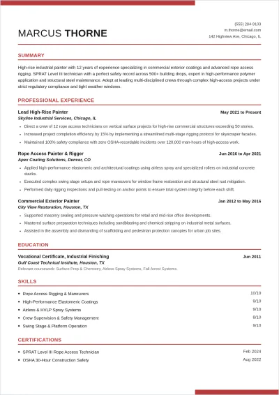 Free High-Rise Painter ATS Resume Template, AI Resume Builder