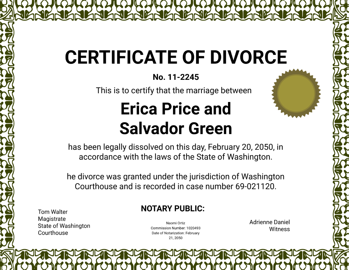 Divorce Certificate with Notary Section Template - Edit Online & Download