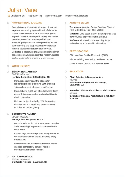 Free Faux Finish Painter ATS Resume Template, AI Resume Builder