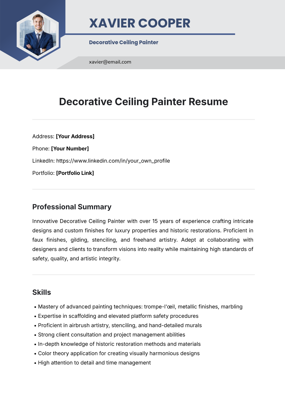 Decorative Ceiling Painter Resume Template - Edit Online & Download