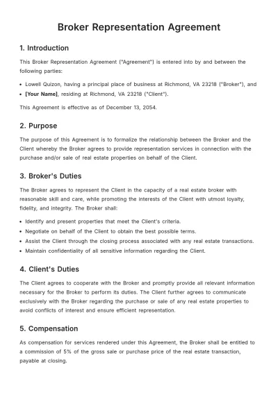 Free Broker Representation Agreement Template to Edit Online