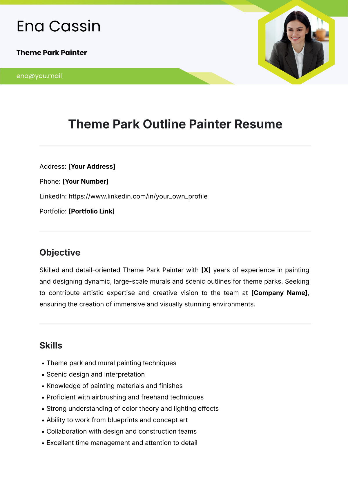 Theme Park Outline Painter Resume Template - Edit Online & Download