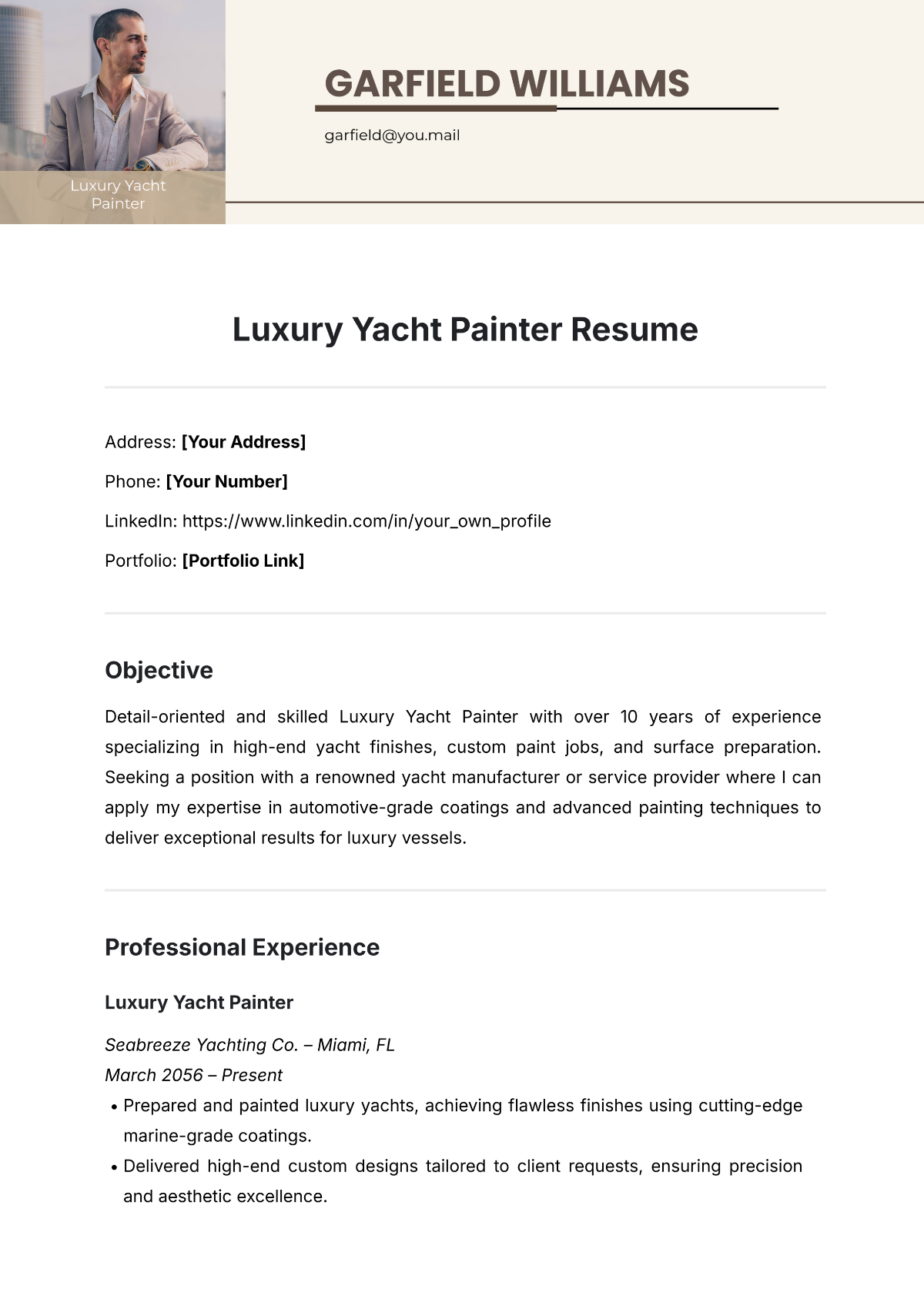 Luxury Yacht Painter Resume Template - Edit Online & Download