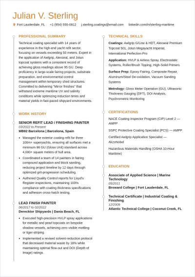 Free Luxury Yacht Painter ATS Resume Template, AI Resume Builder