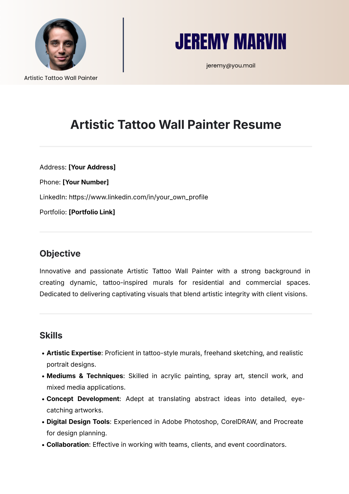 Artistic Tattoo Wall Painter Resume Template - Edit Online & Download