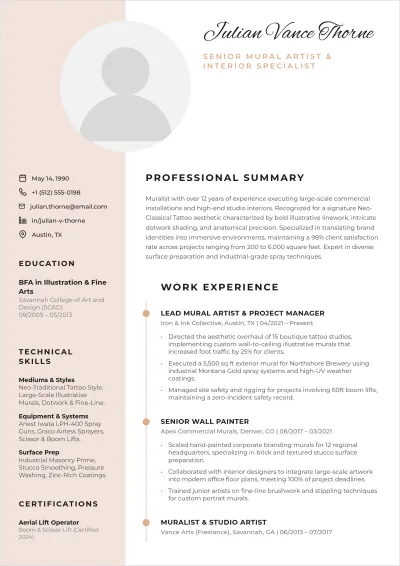 Free Artistic Tattoo Wall Painter ATS Resume Template