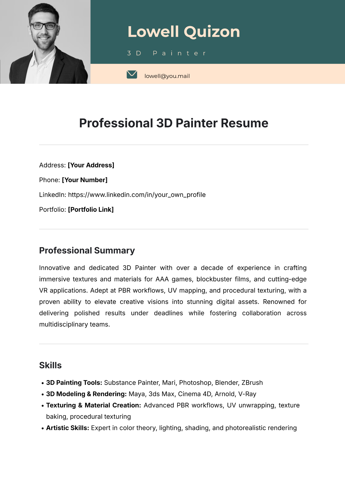 Professional 3D Painter Resume Template - Edit Online & Download