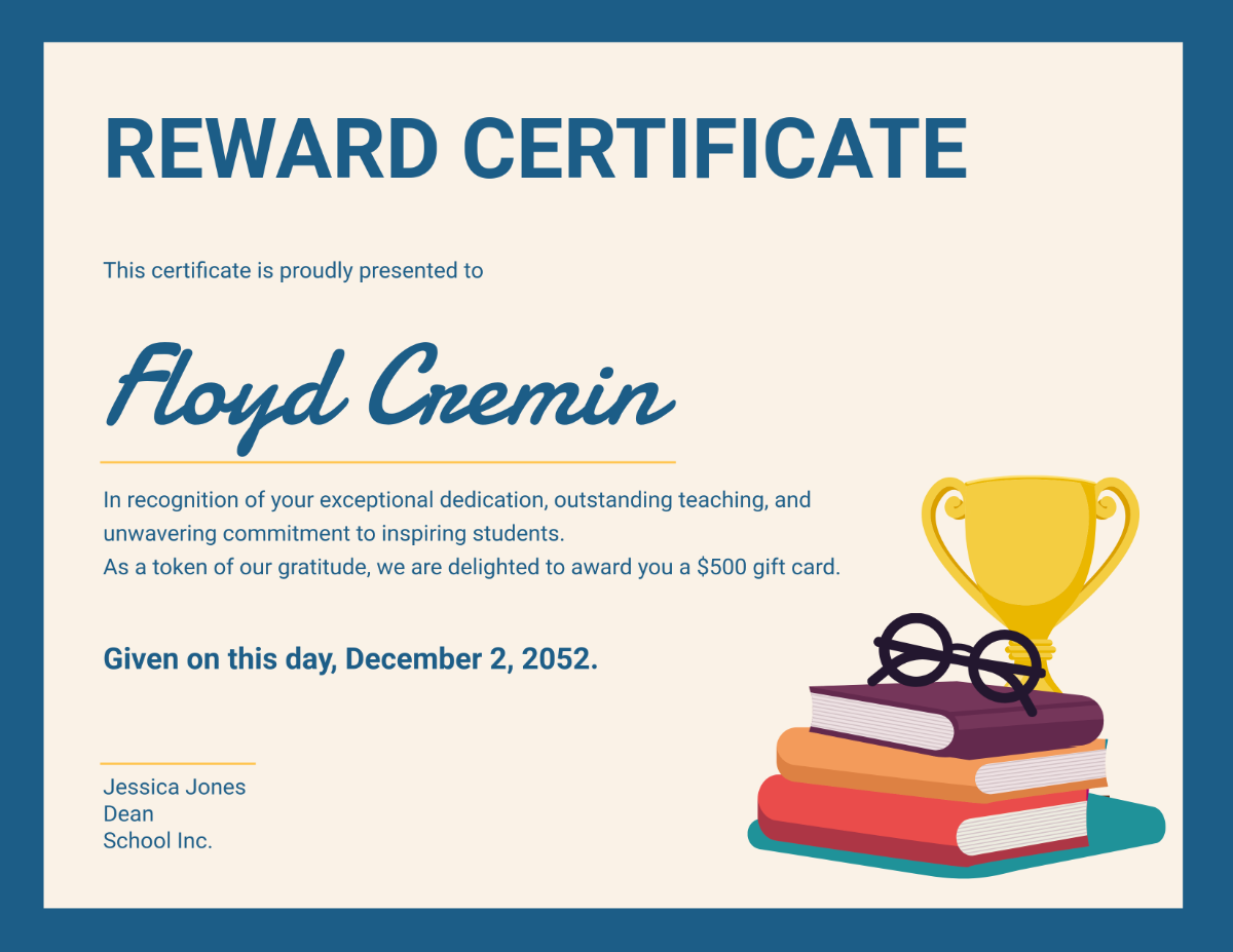 Reward Certificate for Teacher Template - Edit Online & Download