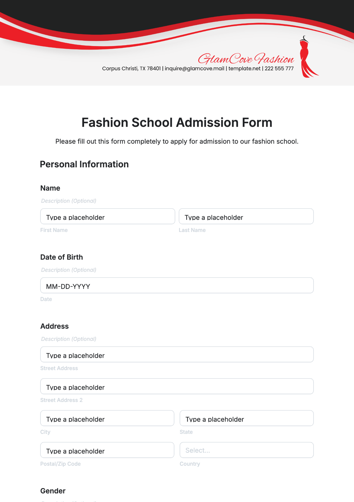 Fashion School Admission Form Template - Edit Online & Download