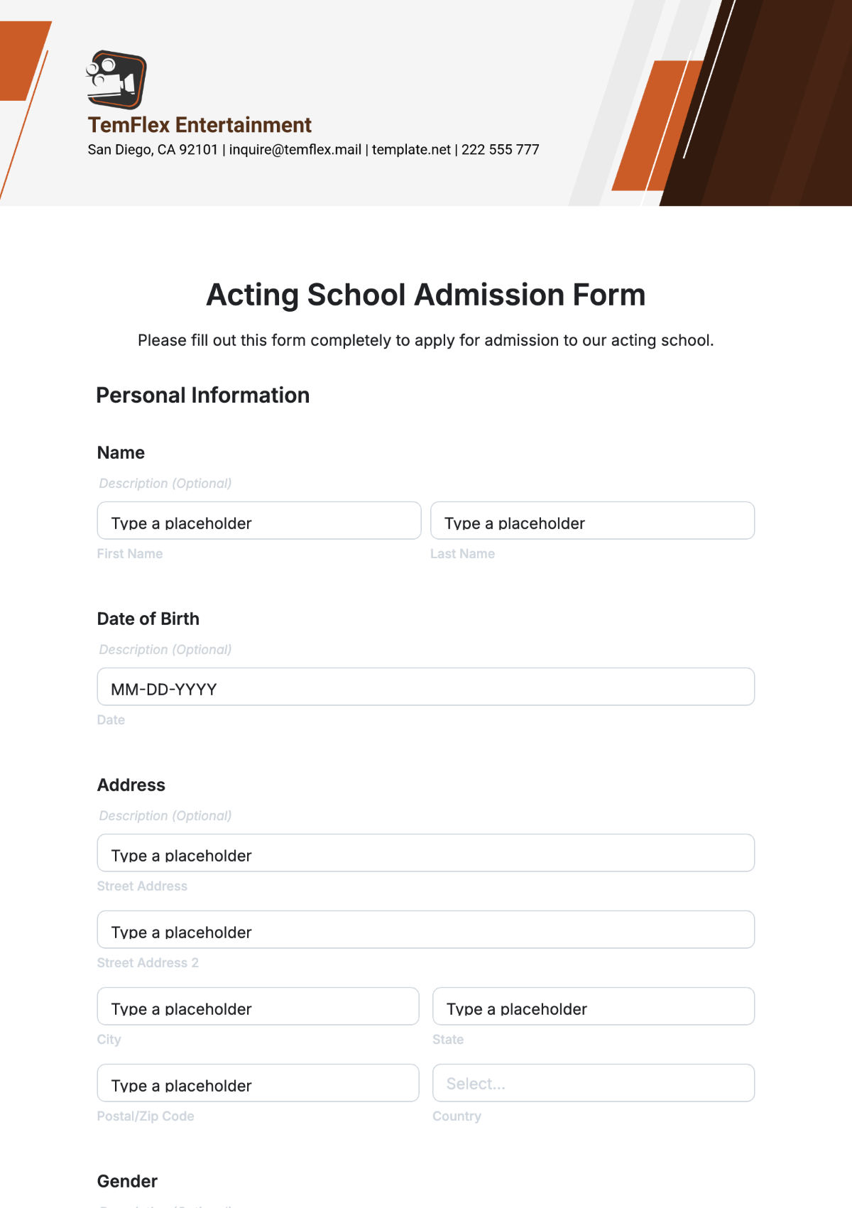 Free Acting School Admission Form Template