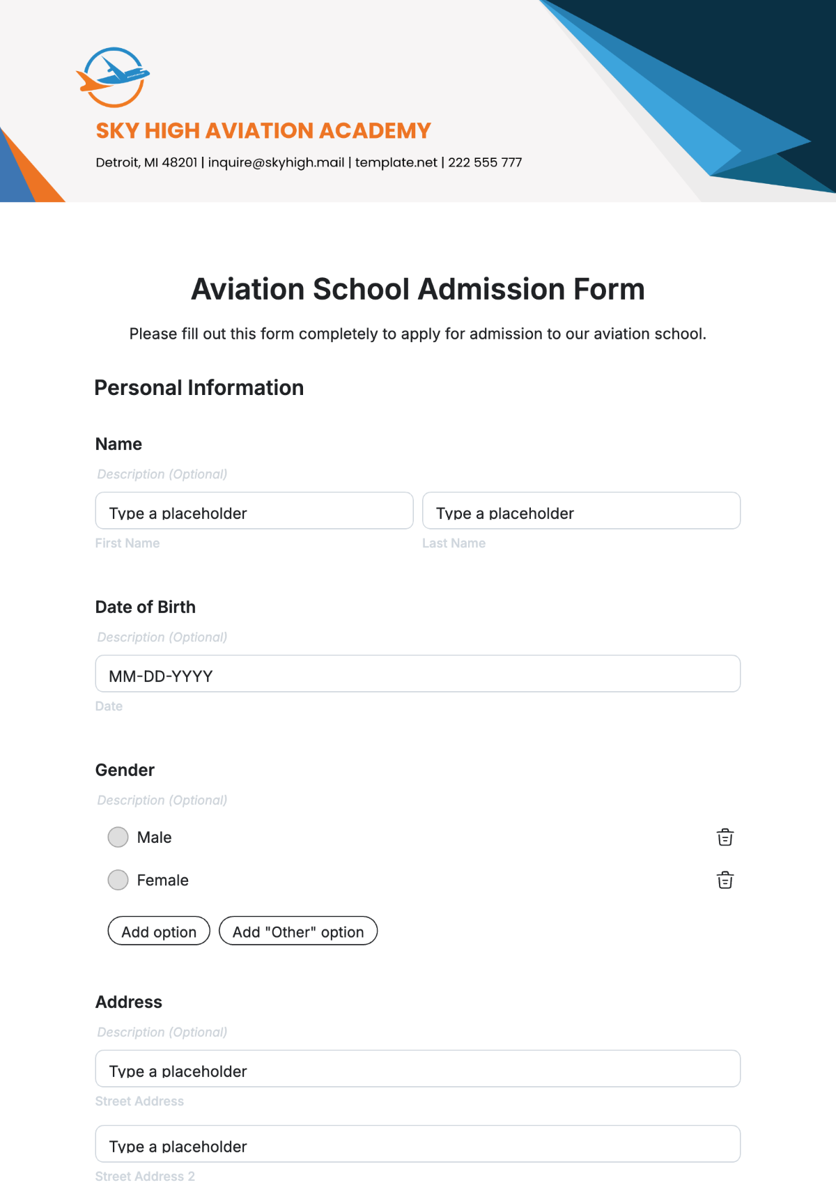 Aviation School Admission Form Template - Edit Online & Download