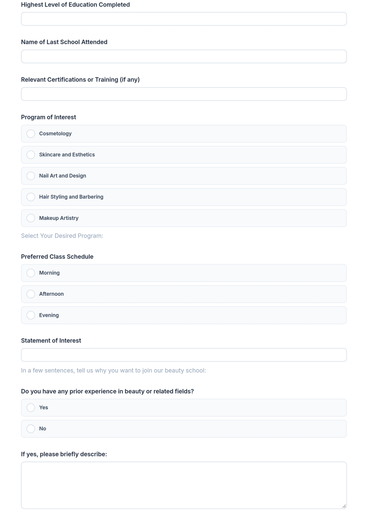 Free Beauty School Admission Form Template & AI Maker Free Beauty School Admission Form Template & AI Maker