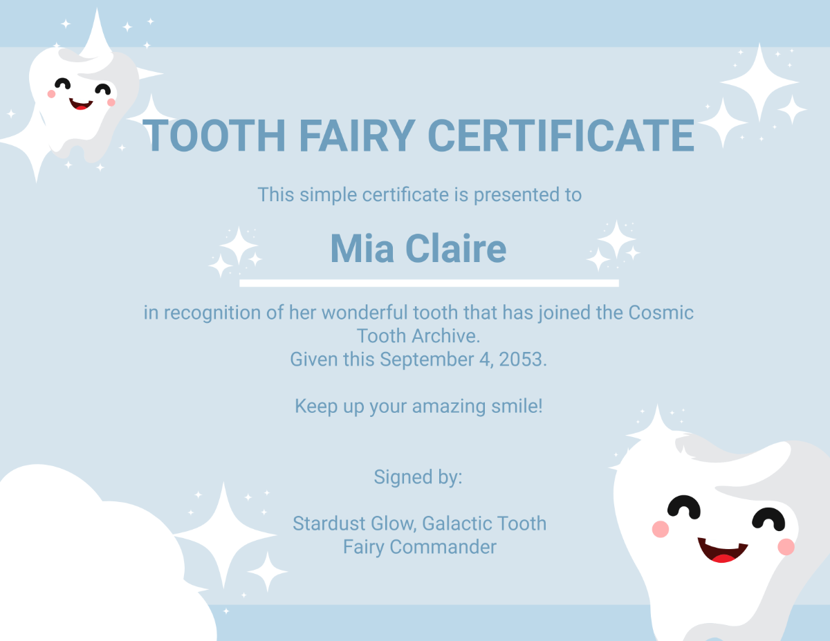 Free Simple Tooth Fairy Certificate Template - Edit Online & Download