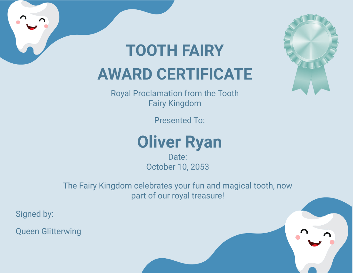 Tooth Fairy Award Certificate Template - Edit Online & Download