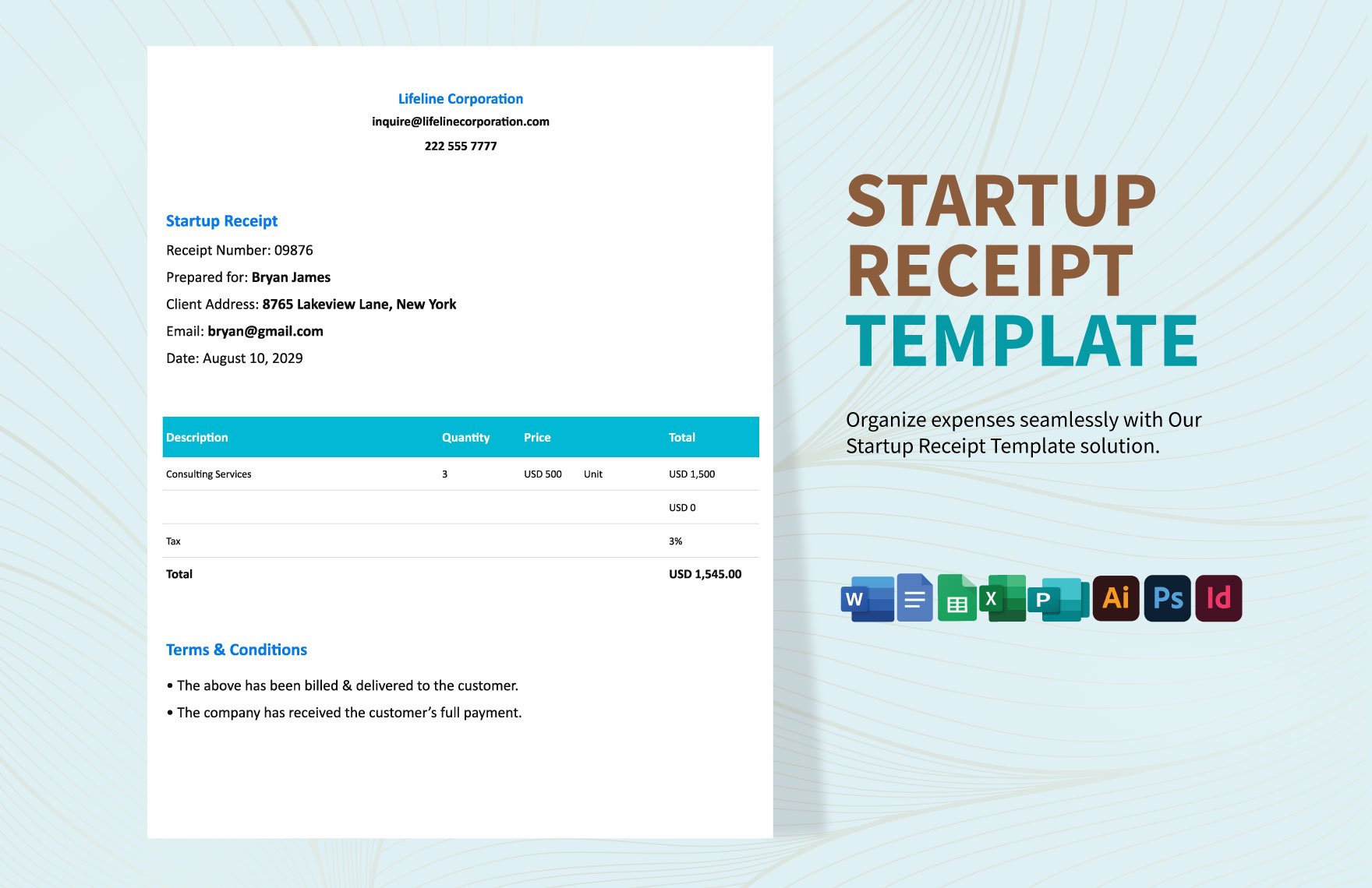 Startup Receipt Template in Word, Google Docs, Excel, Google Sheets, Illustrator, PSD, Publisher, InDesign