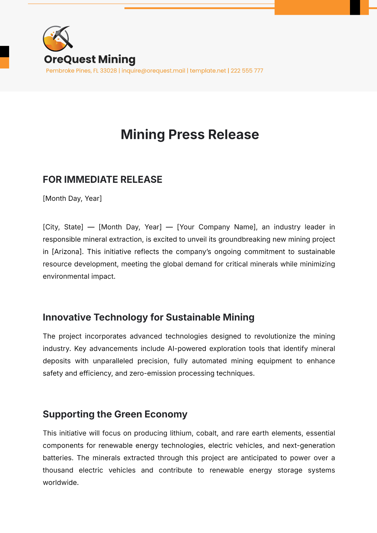 Mining Press Release Template - Edit Online & Download