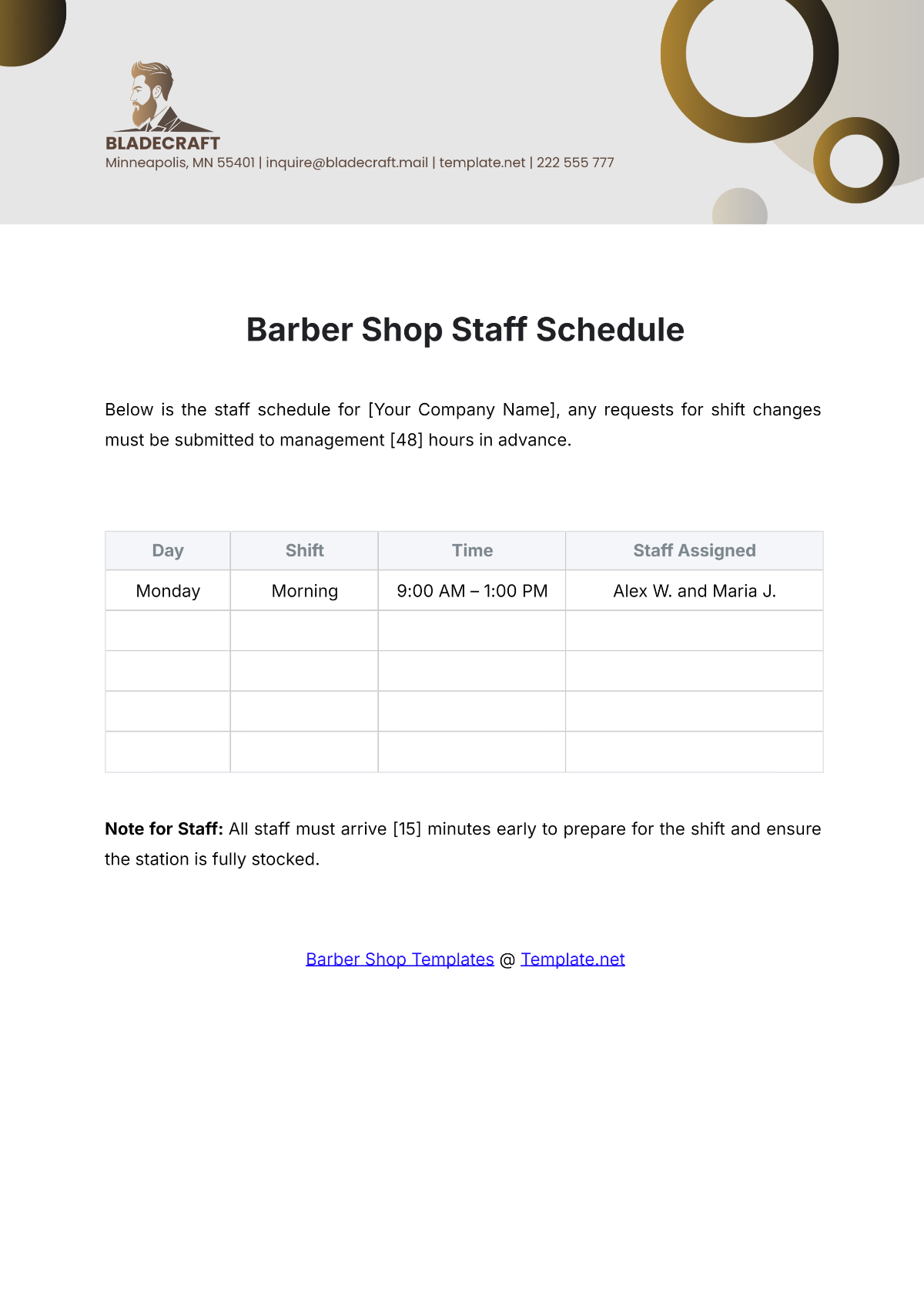 Barber Shop Staff Schedule Template - Edit Online & Download