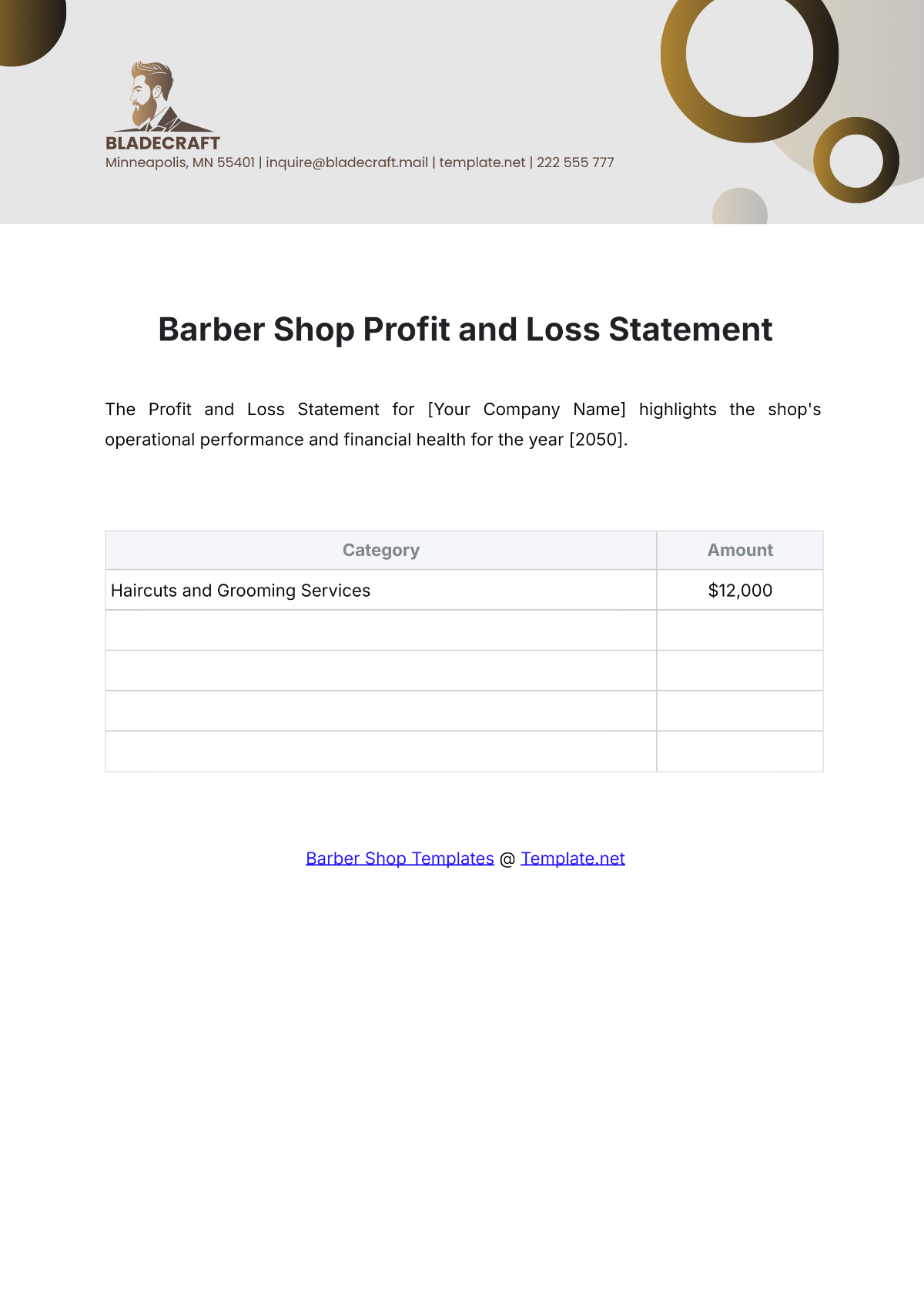 Barber Shop Profit and Loss Statement Template - Edit Online & Download