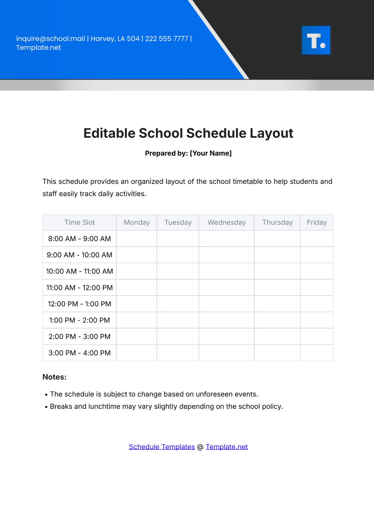 Editable School Schedule Layout Template - Edit Online & Download