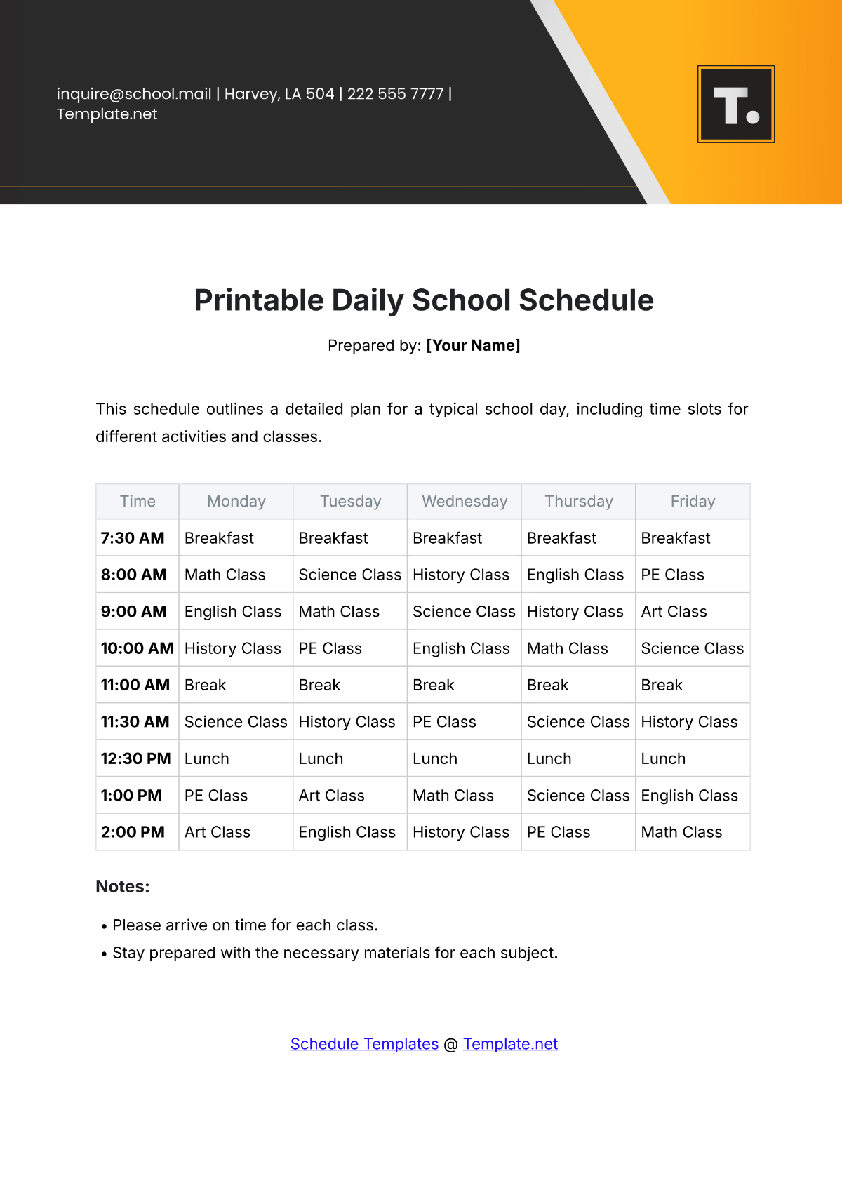 Printable Daily School Schedule Template - Edit Online & Download