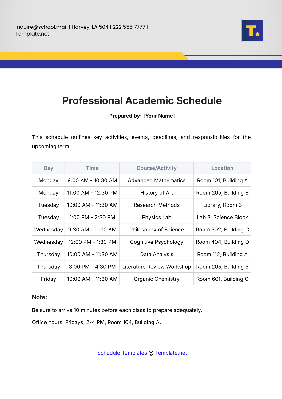 Professional Academic Schedule Template - Edit Online & Download